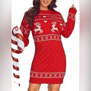 Simplee Sweater Dress Womens M Red White Reindeer Oversized Pullover‎ Sweater